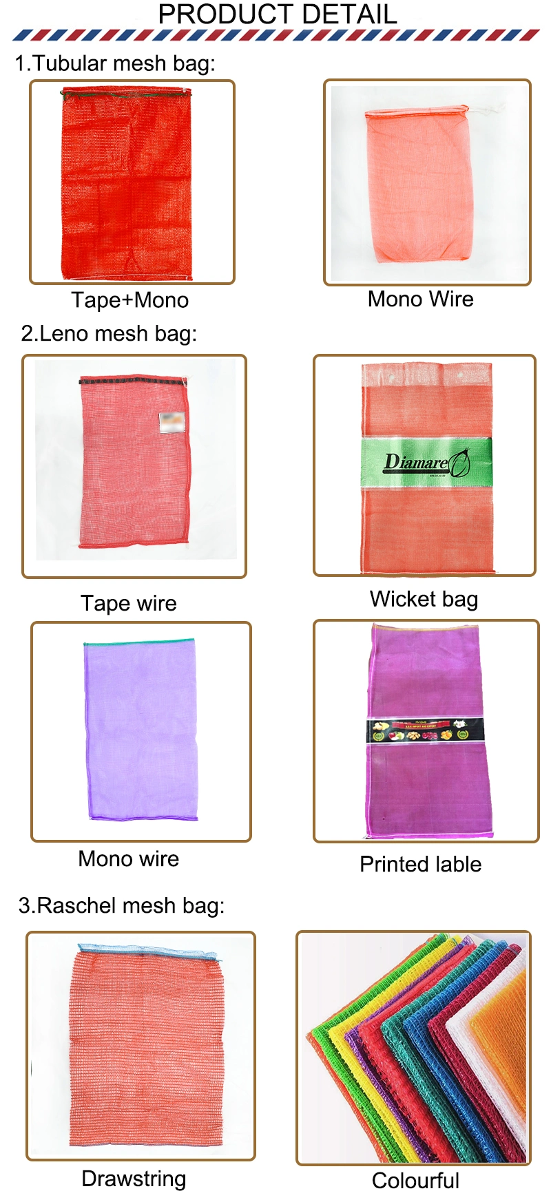 PP/PE Woven Drawstring Mesh Bags for Packing Wood Vegetables and Fruits Mesh Net Sacks